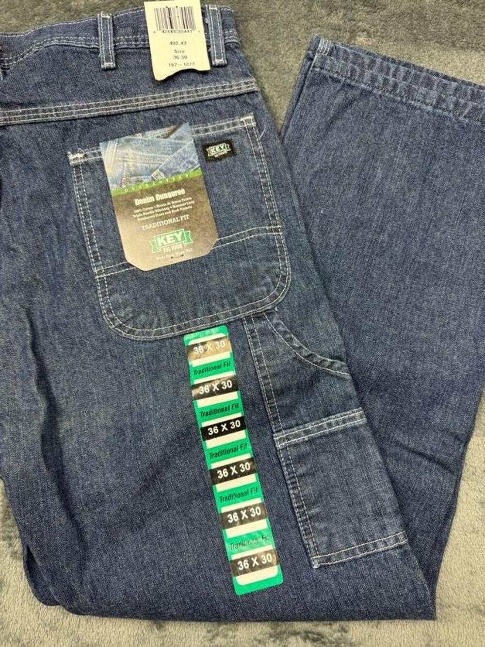 Key Denim Dungaree Jeans Mens 36x30 Blue Med Wash Traditional Fit Workwear
